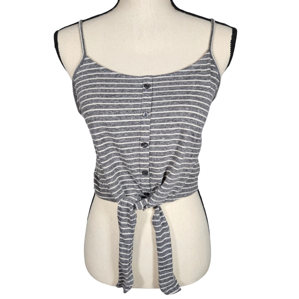 Ambience Cropped Tie Front Striped Tank, Grey/White, Large